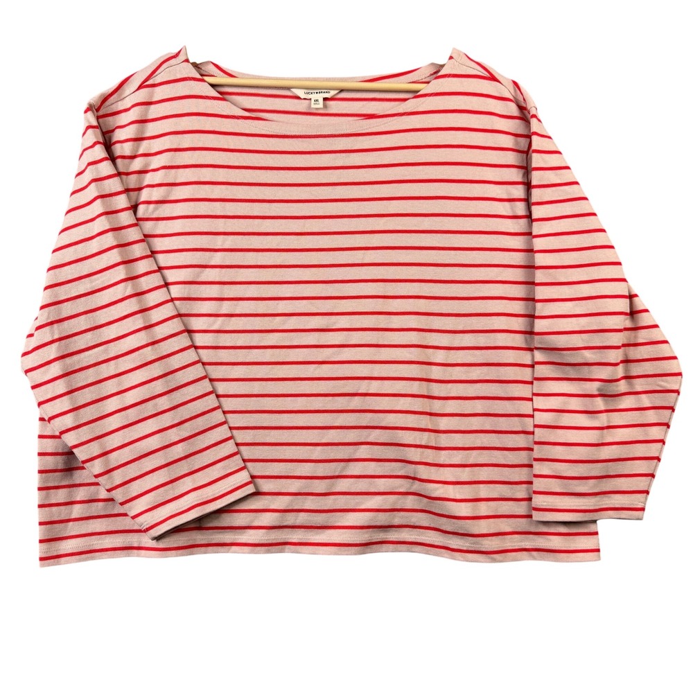 Lucky Brand Womens XXL Pink Red Striped Boat Neck 3/4 Sleeve 100% Cotton Top